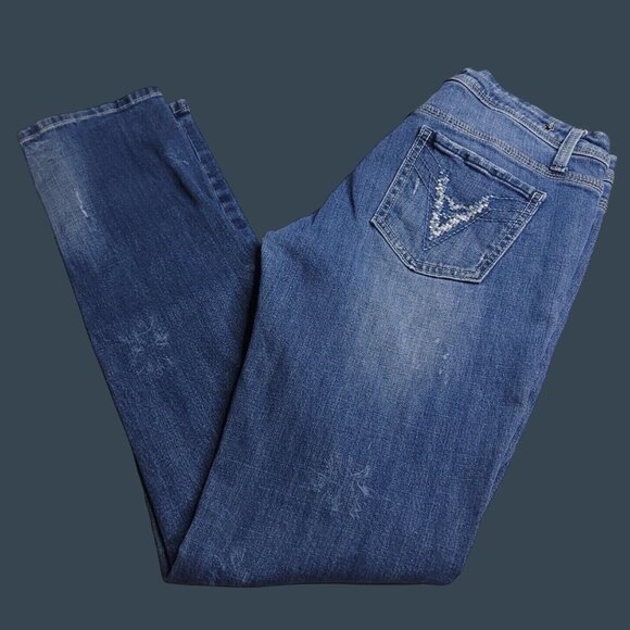 Vigoss Womens Straight Leg Jeans 9 Medium Wash Low Rise Distressed Imperfect - Picture 1 of 9